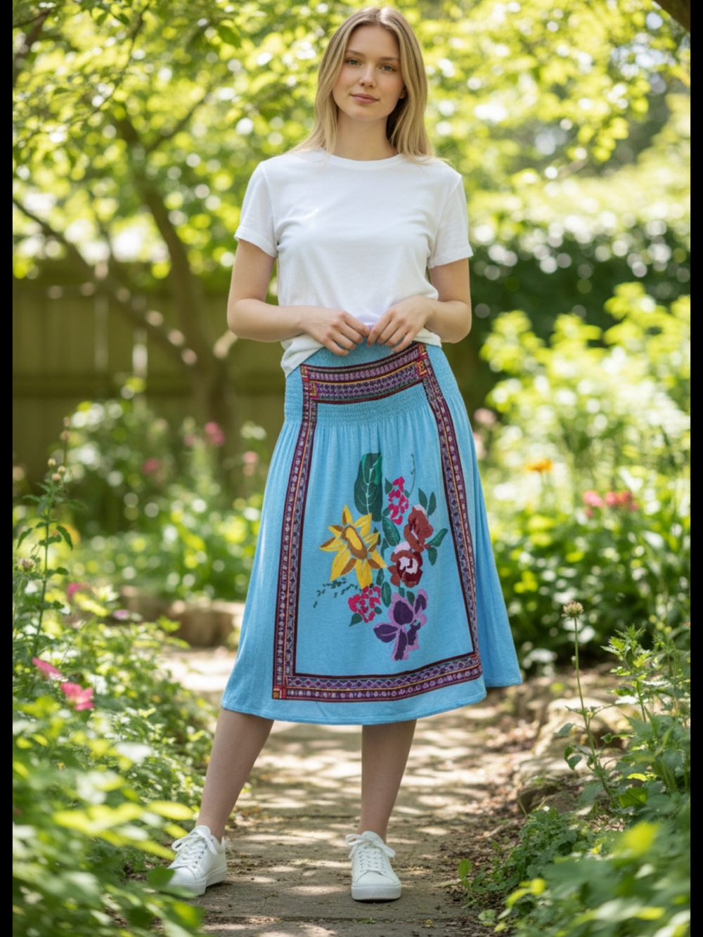 👗Derek Heart Floral Print Blue Midi Skirt